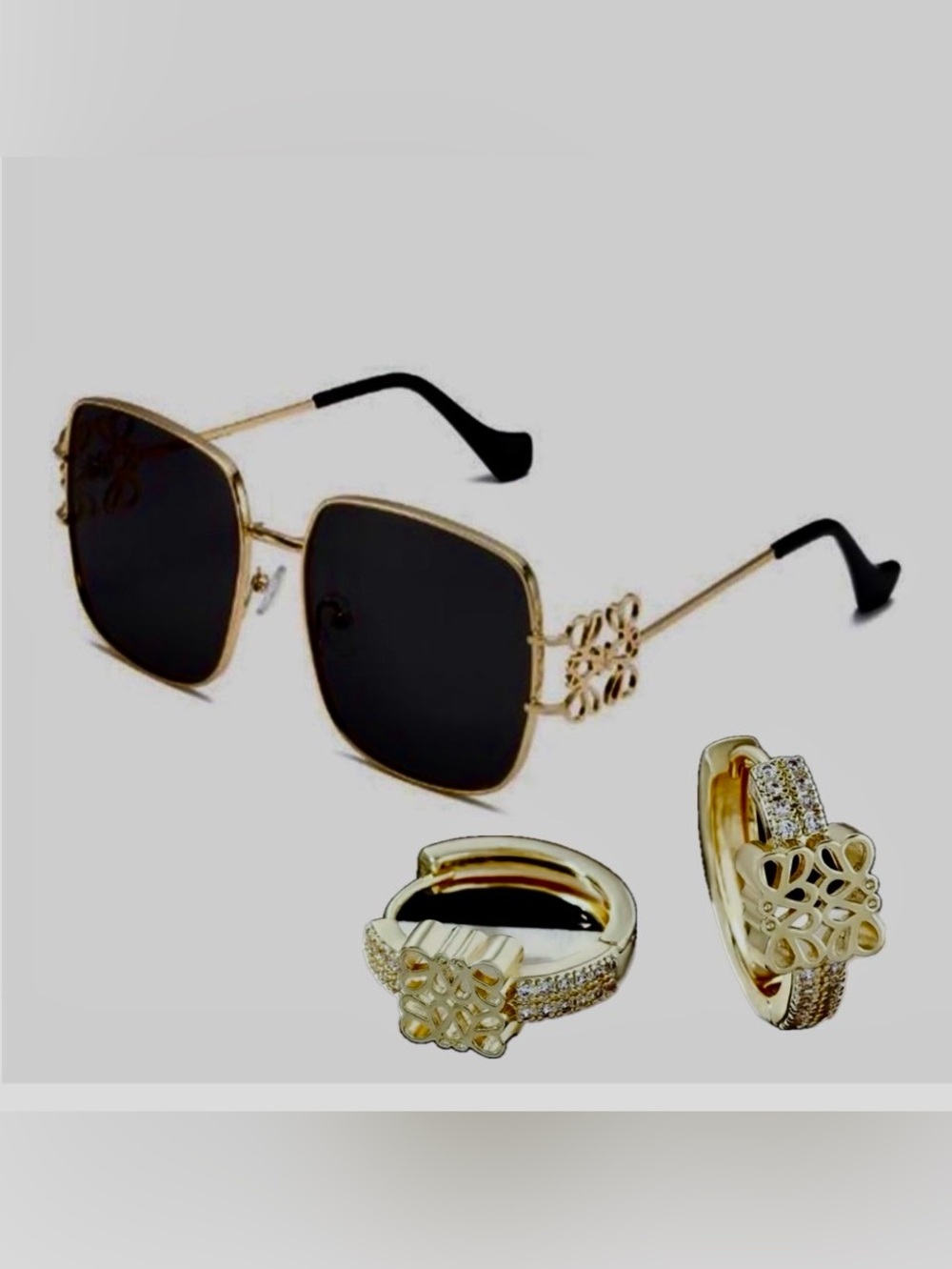 Gold Frame Black Lens Women's Sunglasses and Earring Set.